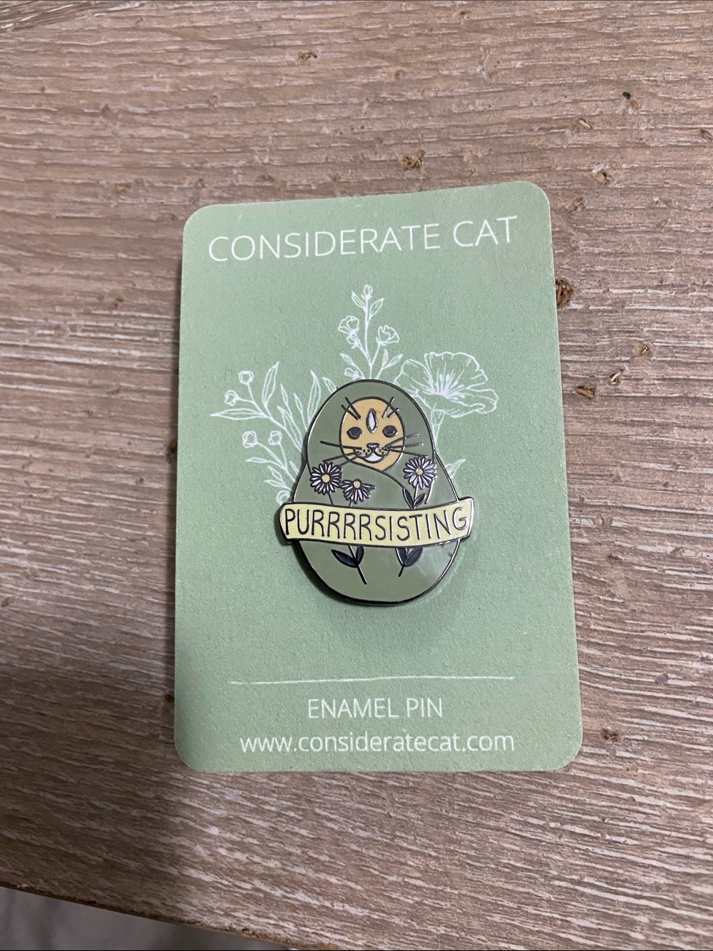 Green 'Purrrrsisting' Cat Enamel Pin